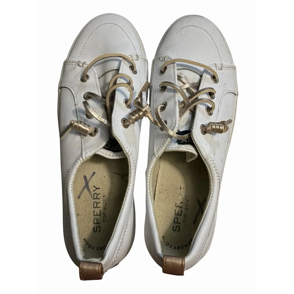 Sperry Top Sider Shoes 4 M White‎ Sneaker Gold Leather String Slip On Crest Vibe